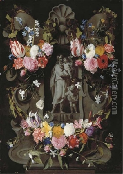 Saint Joseph And The Christ Child Within A Cartouche Decorated With Tulips, Roses, Forget-me-nots, Columbine And Other Flowers Oil Painting - Daniel Seghers