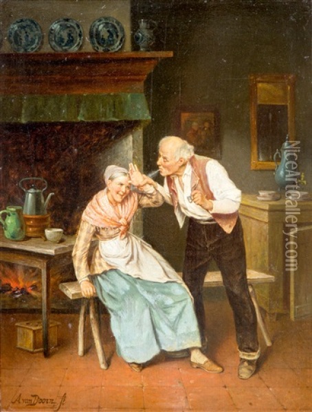 Teasing The Maid In The Kitchen Oil Painting - Adriaan Van Doorn