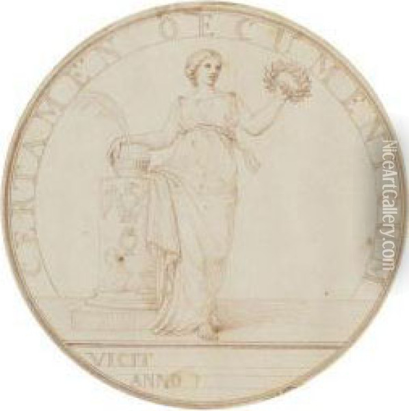 A Design For A Prize Medal With A Female Figure Holding A Laurelwreath Oil Painting - Edme Bouchardon