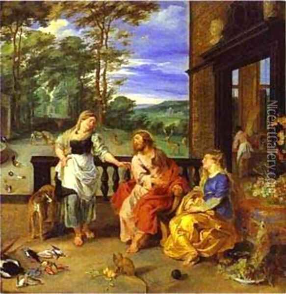 Jan Bruegel-The Younger And Peter Paul Rubens Christ In The House Of Martha And Mary 1628 Oil Painting - Peter Paul Rubens