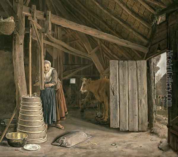 Barn Interior with a Maid Churning Butter Oil Painting - Govert Dircksz. Camphuysen