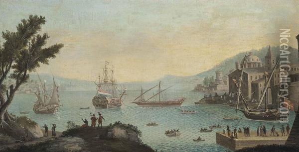 A Capriccio Of A Mediterranean Harbour Oil Painting - Orazio Grevenbroeck