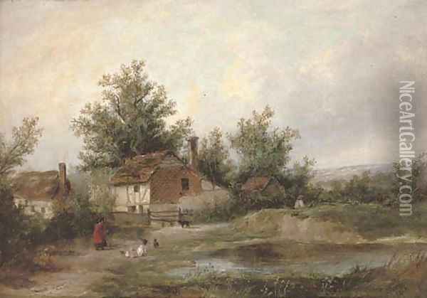 Figures and country cottages beside a pool Oil Painting - Patrick Nasmyth