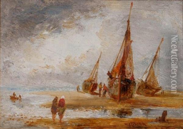 Beached Sailing Vessels With Figures Off Thecoast Oil Painting - William Joseph Caesar Julius Bond