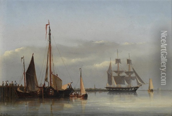 Dutch Harbor Scenes (a Pair) Oil Painting - Emanuel De Vries