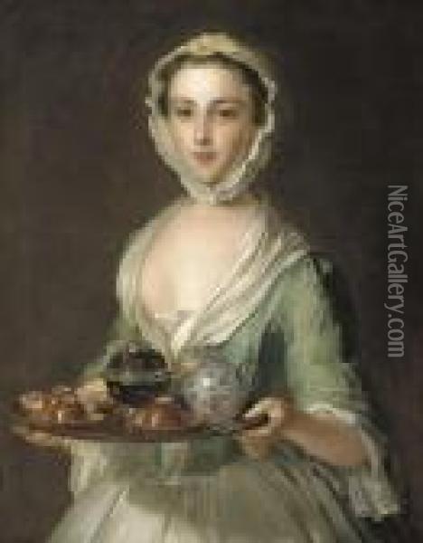 Portrait Of A Young Woman, Possibly Hannah, The Artist's Maid, Holding A Tea Tray Oil Painting - Philippe Mercier