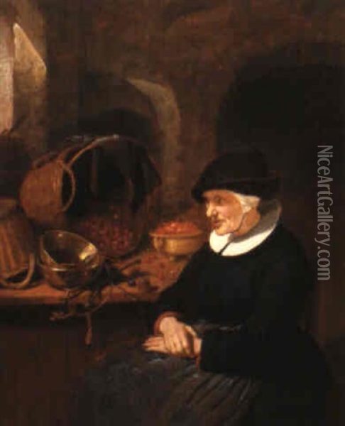 An Elderly Woman Seated Beside A Table With A Basket Of Cherries Oil Painting - Quiringh Gerritsz van Brekelenkam