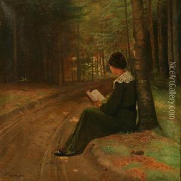 A Woman Reading In A Forest Oil Painting - Otto Haslund