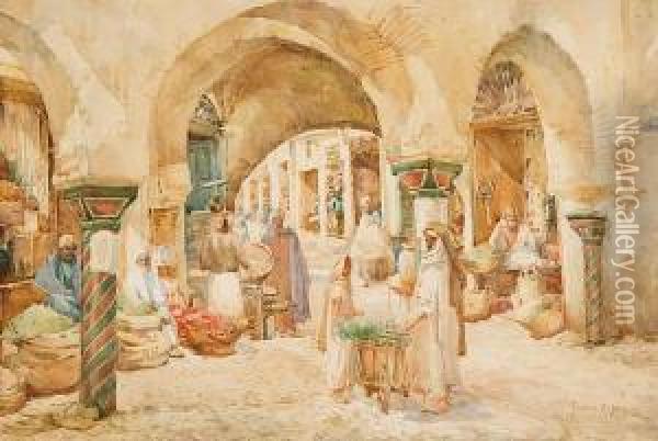 North African Market Scene Oil Painting - Frances E. Nesbitt