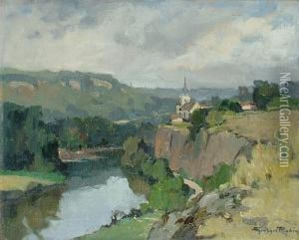L'xonne, Pres De Villeneuve; River Landscape Oil Painting - Georges Charles Robin
