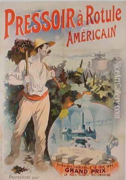 Poster advertising an American wine press, exhibited at the Exposition Universelle de Lyon, 1894 Oil Painting - Rene Pean