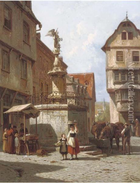 Une Fontaine A Bern-castel, Bords De La Moselle: A Town Square In Switzerland Oil Painting - Jacques Carabain