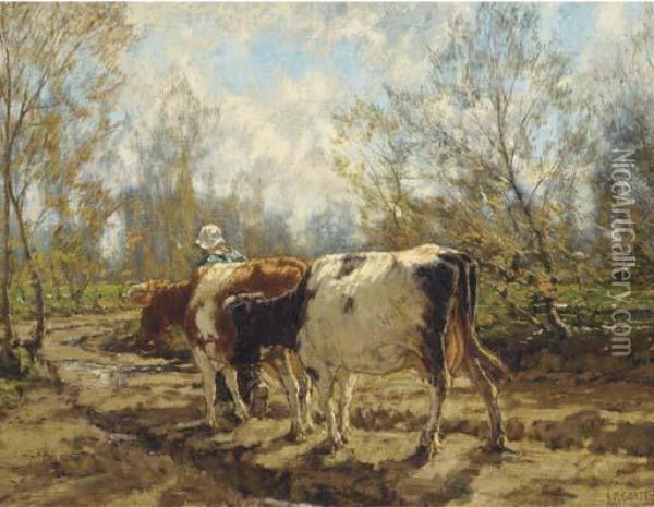 Leading The Cattle Along A Country Track Oil Painting - Arnold Marc Gorter