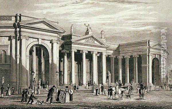 South portico of the Bank of Ireland, Dublin, originally the Parliament House, engraved by B. Winkles Oil Painting - George Petrie