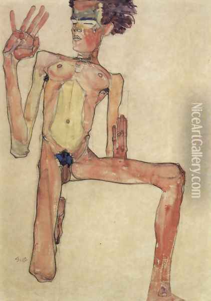 Kneeling act, selfportrait Oil Painting - Egon Schiele