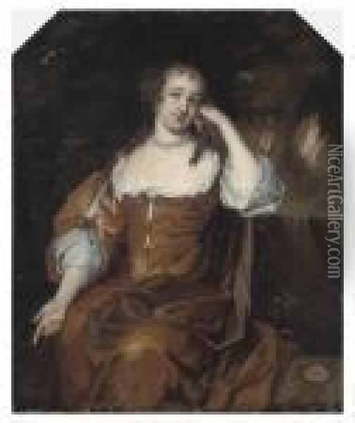 Portrait Of A Lady, 
Three-quater-length, Seated In Rust Coloureddress, Beside A Waterfall, 
In A Landscape Oil Painting - Sir Peter Lely