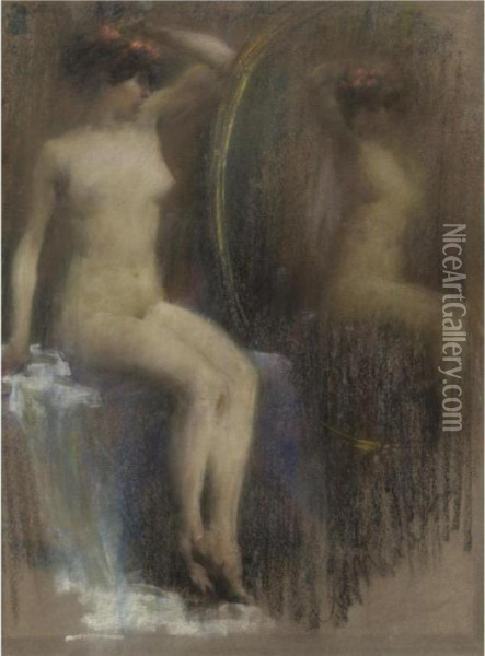 Amelia Allo Specchio Oil Painting - Antonio Mancini
