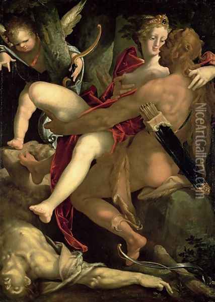 Hercules, Deianeira and the centaur Nessus, 1580 Oil Painting - Bartholomaeus Spranger