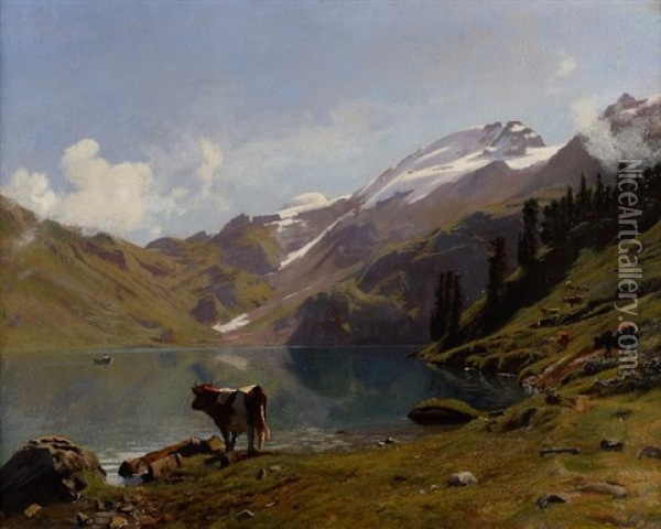 Troupeau Au Bord D'un Lac De Montagne Oil Painting - Albert Lugardon