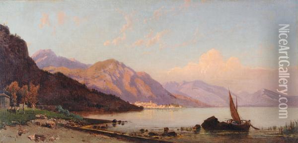 Paesaggio Lacustre Con Barca In Primo Piano Oil Painting - Hermann David Salomon Corrodi