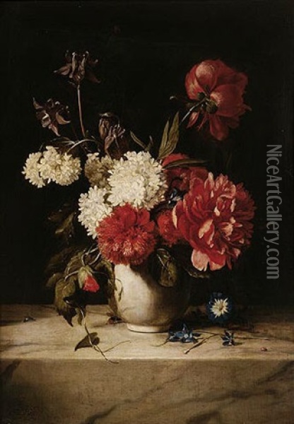 Still Life Of Peonies, Columbine, Morning Glory And Other Flowers In A Vase Upon A Marble Ledge With A Bee And A Ladybird Oil Painting - Dirk de Bray