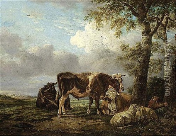 A Shepherd Boy And His Cattle Resting Beside A Tree Oil Painting - Anthony Jacobus Offermans