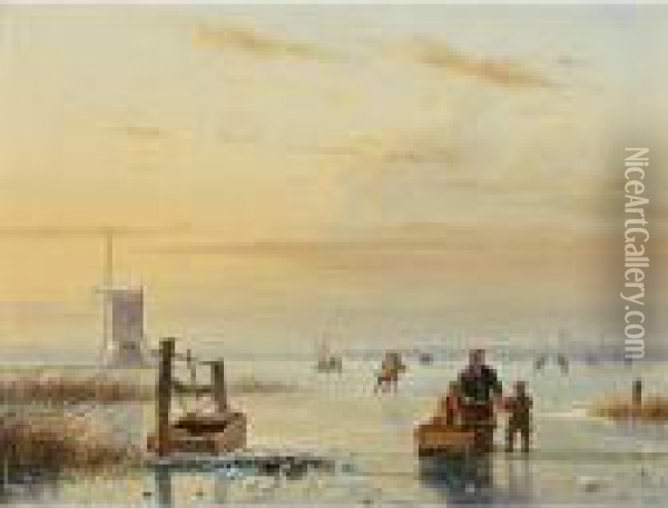 Skaters On A Frozen Waterway, Windmills In The Distance Oil Painting - Nicholas Jan Roosenboom