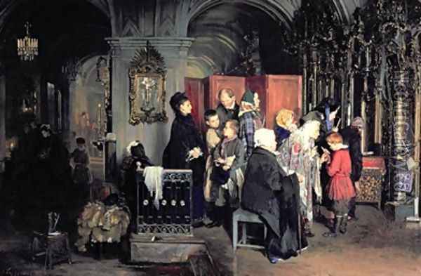 Before the Confession Oil Painting - Aleksei Ivanovich Korzukhin