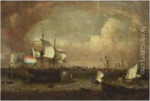 The Dutch Ship-of-the-line 'westvriesland' And Other Shipping In The Roads Of Hoorn Oil Painting - Jan Claes Rietschoof