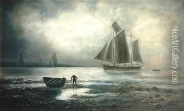 Am Nachtlichen Ufer Des Meeres Liegt Ein Groses Segelschiff Vor Anker Oil Painting - Johann Marx