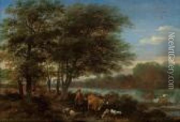 A Wooded River Landscape With A Drover And His Cattle On A Track Oil Painting - Nicolaes Berchem