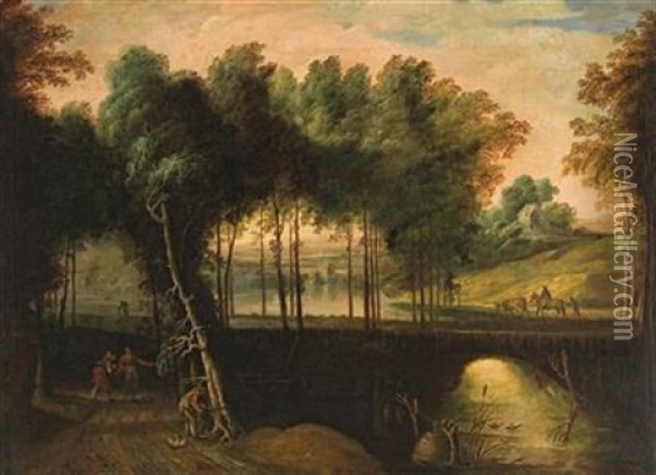 A Wooded Landscape With A Huntsman And Elegant Figures On A Path Oil Painting - Pieter Jansz van Asch