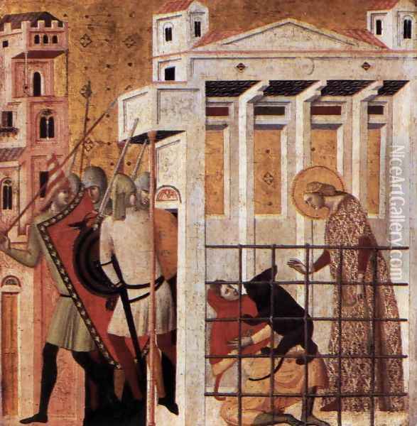 Scenes from the Life of St Colomba St Colomba Saved by a Bear 1340s Oil Painting - Giovanni Baronzio
