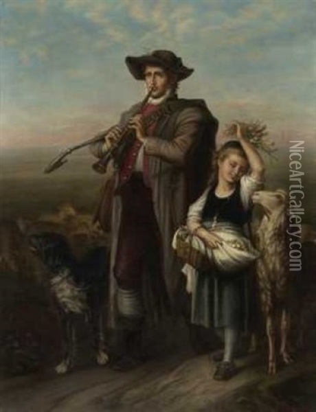Musizierender Schafhirte Mit Tochter Oil Painting - Josef Krieger