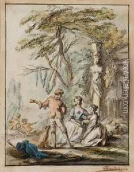 Deux Femmes Ecoutant Un Musicien Dans Un Jardin Oil Painting - Pierre Charles Tremolieres