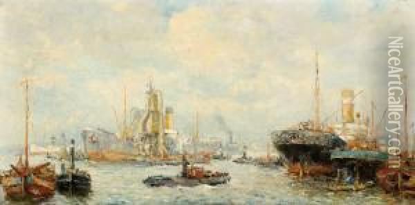 Ships In The Harbour Of Rotterdam Oil Painting - Jan Sirks