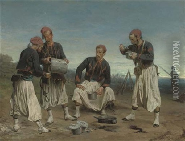 Welcome Refreshment At The Zouave Encampment Oil Painting - Charles Dominique Oscar Lahalle