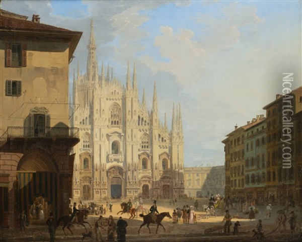 Veduta Di Piazza Del Duomo In Milano Con Il Coperto Dei Figini E L'isolato Del Rebecchino Oil Painting - Giovanni Migliara