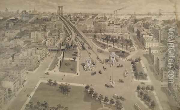Brooklyn Plaza of the Manhattan Bridge, c.1917 Oil Painting - Harry M. Pettit
