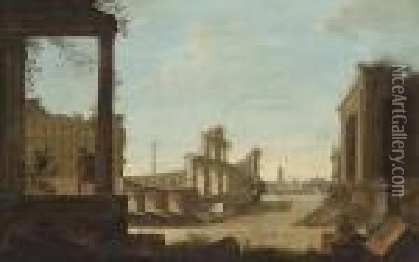 A Capriccio Of Classical Ruins With Figures At Rest Oil Painting - Giovanni Niccolo Servandoni