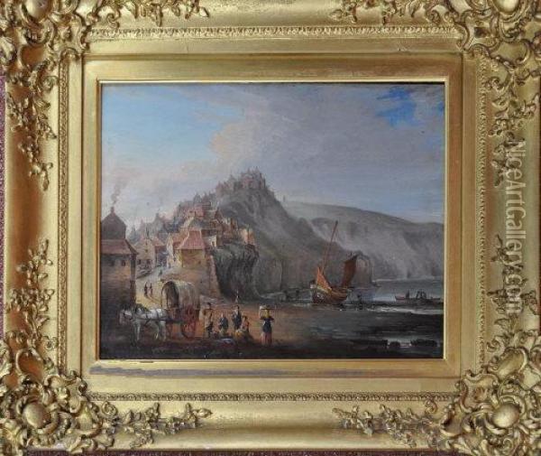 A Fishing Village With Figures, Boats And A Horsecart On The Beach In The Foreground Oil Painting - George Chambers