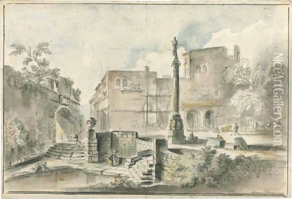 View Of A Piazza With An Obelisk By The Walls Of A City, Washerwomen In The Foreground Oil Painting - Jean-Baptiste Lallemand
