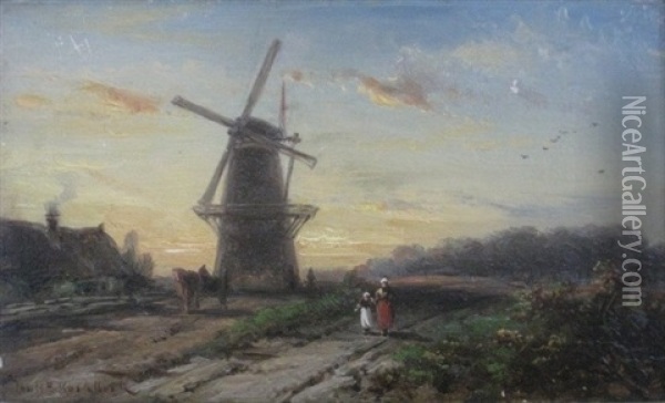 Landscape With Windmill Oil Painting - Johannes Hermanus Barend Koekkoek