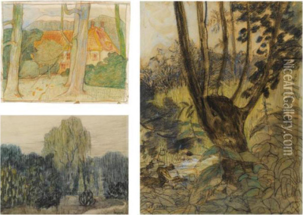 Zie De Maan Schijnt; Landscape With Trees And Ducks Near A Stream, Three Works On Paper Oil Painting - Theodorus Van Hoytema