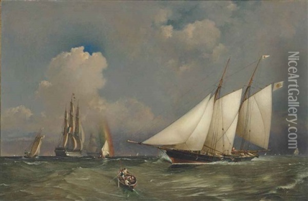 A Large Trading Schooner, A French Warship, A Royal Yacht Squadron Schooner And Other Shipping In Coastal Waters Oil Painting - Charles Henry Seaforth