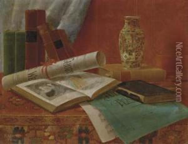 Still Life With Books And Newspaper Oil Painting - Nicholas Alden Brooks