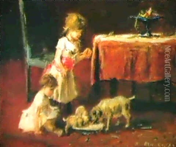 Futterung Der Kleinen Hunde Oil Painting - Mihaly Munkacsy
