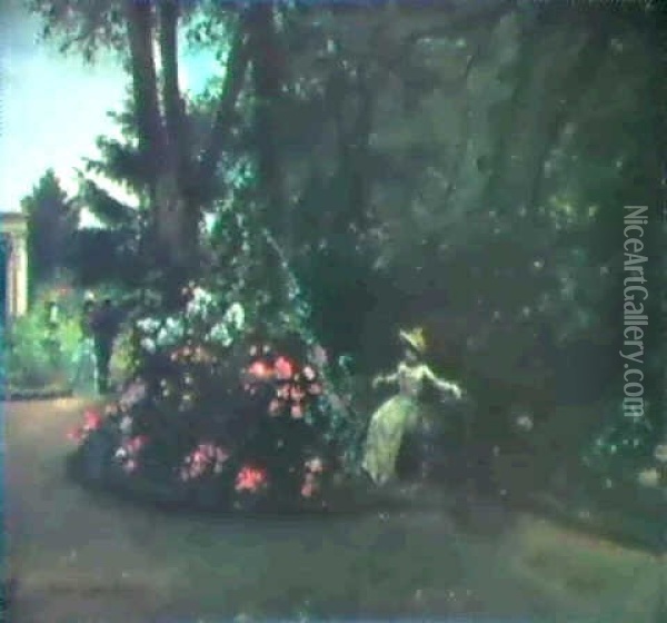 Elegant Figures In A Flower Garden Oil Painting - Albert Ernest Carrier-Belleuse