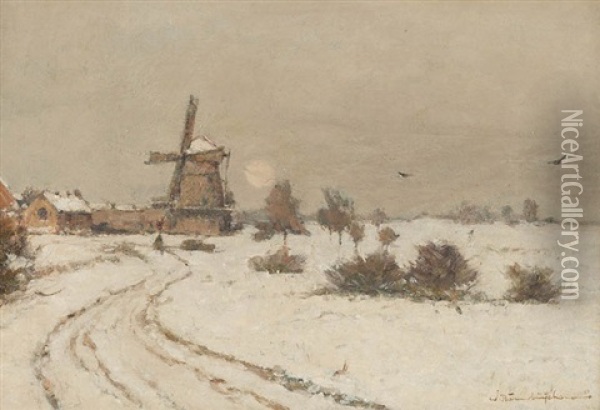 Winterlandschaft Mit Windmuhle Oil Painting - Wilhelm Hambuechen