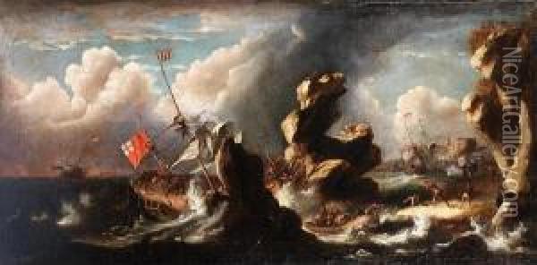 A Rocky Coastline With A Ship Running Aground In A Storm Oil Painting - Jan Peeters